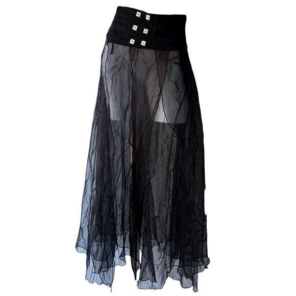 French Designer Biche de Bère vintage tiered/crinkled/plissé sheer maxi skirt - Picture 3 of 13